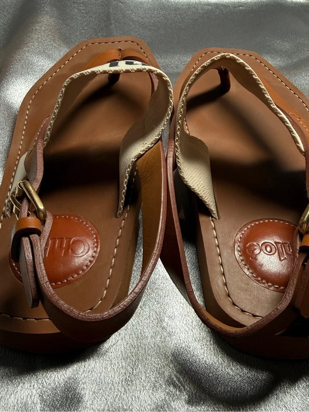 CHLOE Woody Flat Sandal Thong Slingback Logo Canvas Tan EU 35 US 5